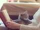 Mujer leyendo un libro junto a su mascota estando en paz