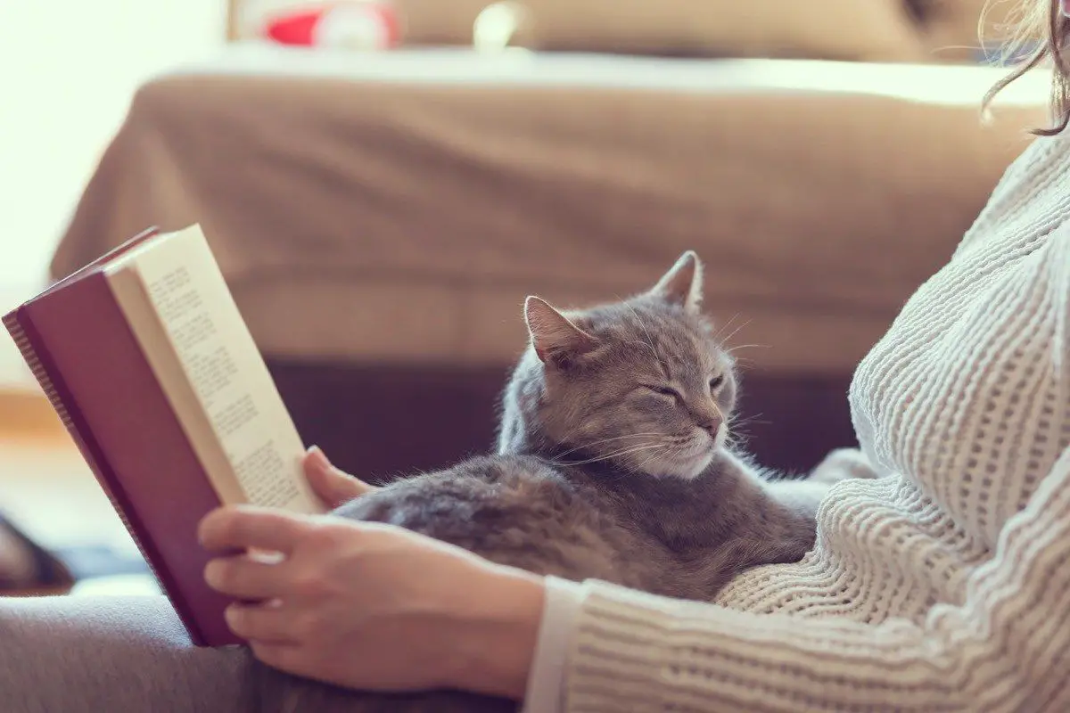 Mujer leyendo un libro junto a su mascota estando en paz